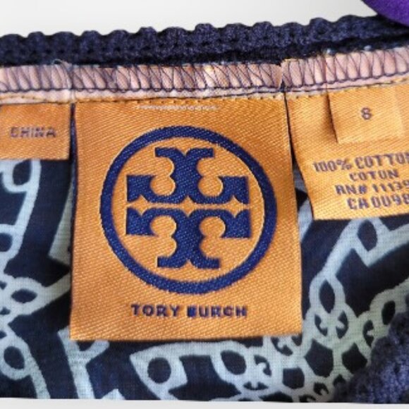 Tory Burch cotton geometric print l/s tie-neck blouse in Navy | in size 8 | - Picture 7 of 9